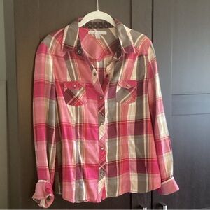 Pink and Brown Plaid Button-Up Shirt